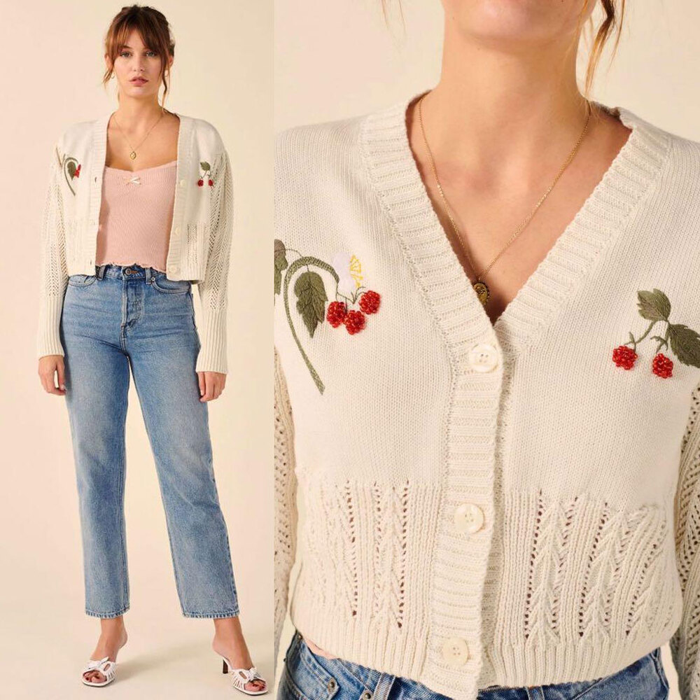 ROUJE PARIS Rare Jojo Embroidered Knit Cropped Cardigan in Ivory Size 36/4